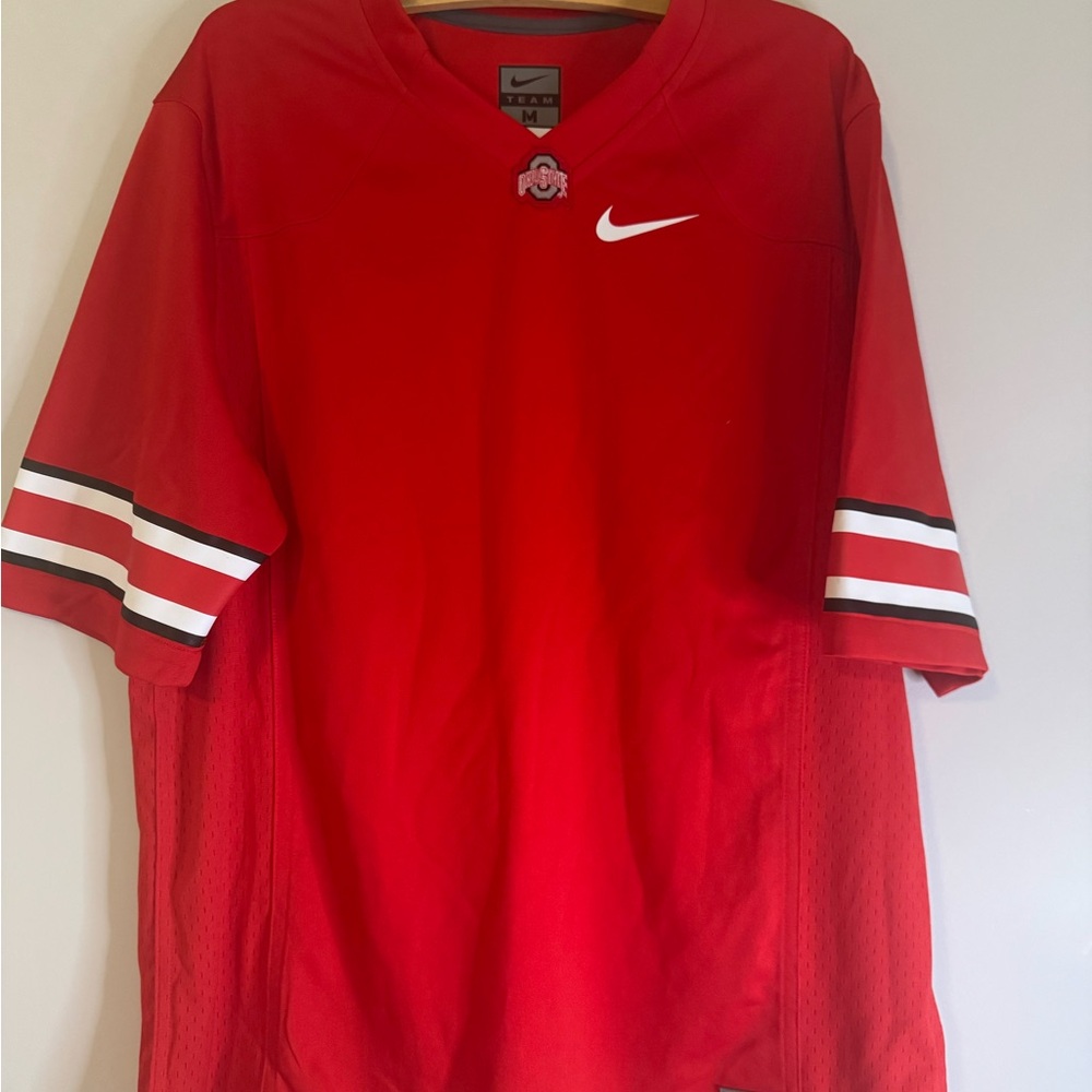 Nike Red Men’s Ohio State Buckeyes Jersey with White Swoosh and Stripe Detail